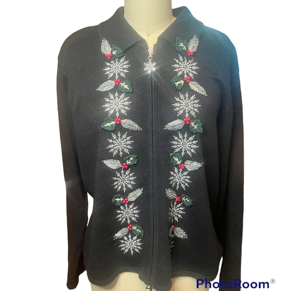 Vintage Karen Scott Hand Embroidered Holly Holiday Christmas Zip Up Cardigan EUC